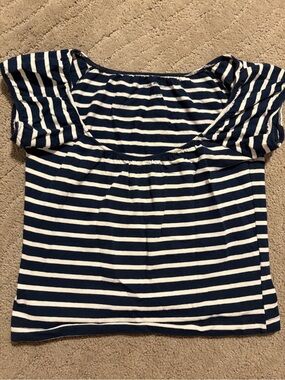 Brandy Melville Navy and White Striped Off-Shoulder Top